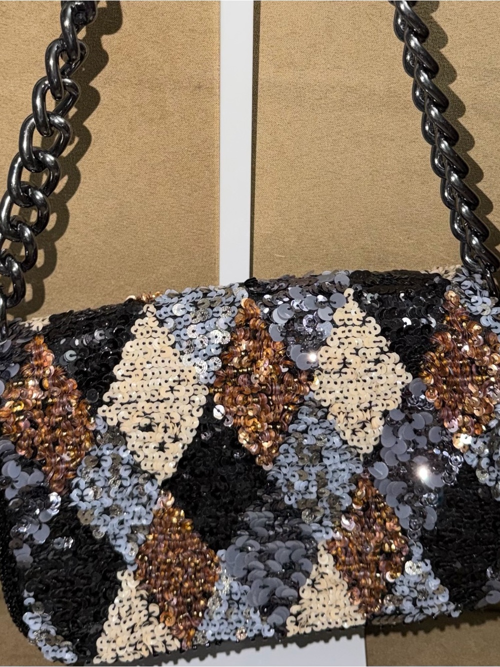 Sequin Diamond-Pattern Mini Shoulder Bag in Black, Silver & Cream